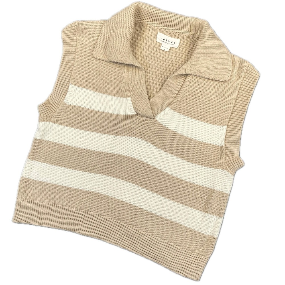 Velvet Graham Spencer Striped Knit Polo Lucie Sweater Vest S Tan White Cashmere